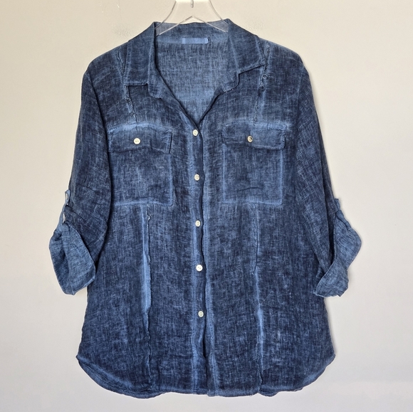 MILIO MILANO 100% Linen Roll Tab Sleeves Lagenlook Boho Blue Button-Up Shirt M - Picture 8 of 8